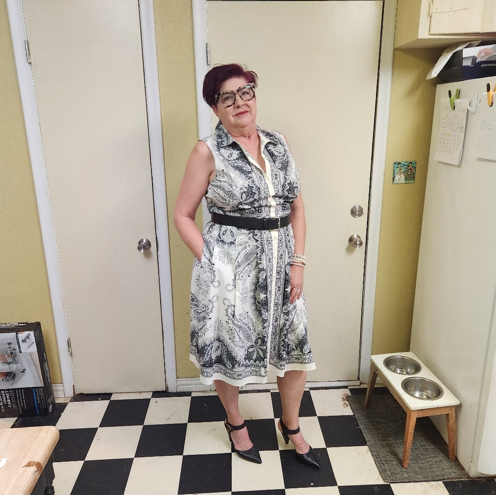 Talbots Black and White Pasley Fit and Flare Dress with POCKETS